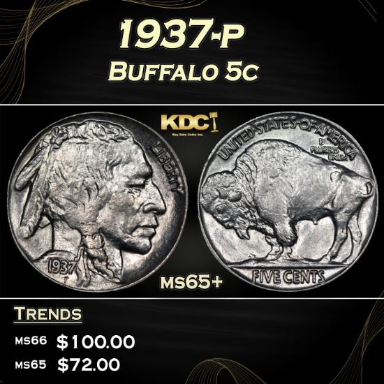 1937-p Buffalo Nickel 5c Grades ms65+