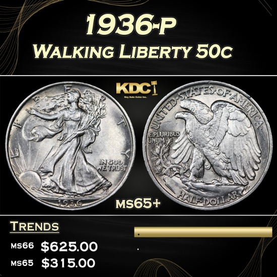 1936-p Walking Liberty Half Dollar 50c Grades ms65+