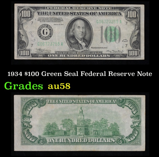 1934 $100 Green Seal Federal Reserve Note Grades Choice AU/BU Slider