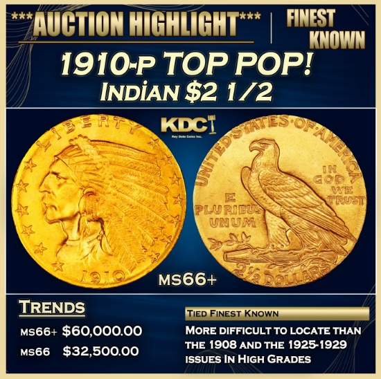 1910-p Gold Indian Quarter Eagle TOP POP! $2 1/2 ms66+ USCG