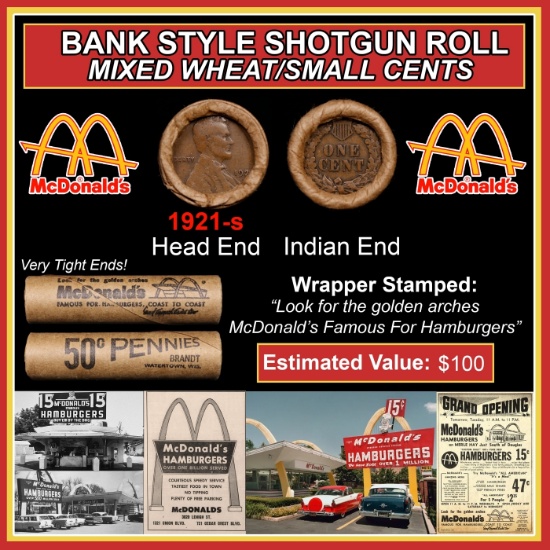 Lincoln Wheat Cent 1c Mixed Roll Orig Brandt McDonalds Wrapper, 1921-s end, Indian other end