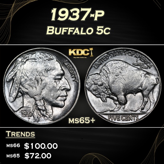 1937-p Buffalo Nickel 5c Grades ms65+