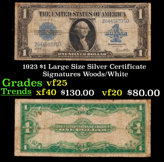1923 $1 large size Silver Certificate Grades vf+ Signatures Woods/White