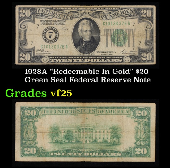 1928A $20 Green Seal Federal Reserve Note "Redeemable In Gold" Grades vf+
