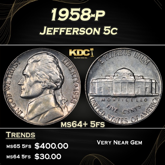 1958-p Jefferson Nickel 5c Grades ms64+ 5fs