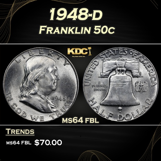 1948-d Franklin Half Dollar 50c Grades ms64 fbl