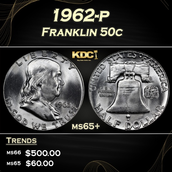 1962-p Franklin Half Dollar 50c Grades ms65+