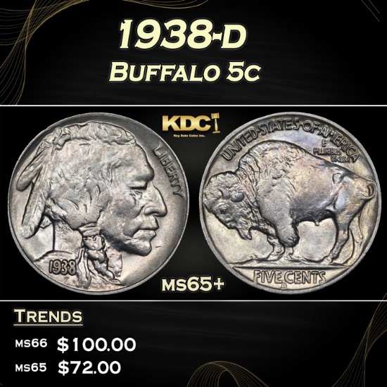 1938-d Buffalo Nickel 5c Grades ms65+