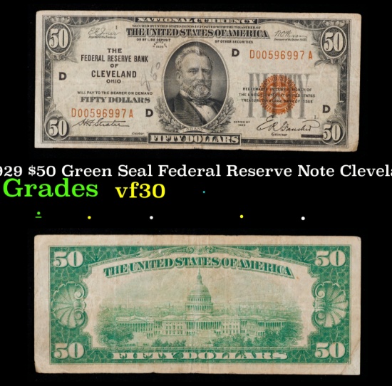 1929 $50 Green Seal Federal Reserve Note Grades vf++ Cleveland