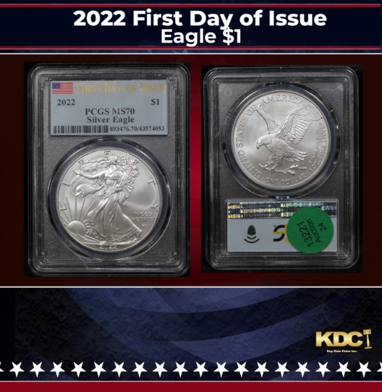 PCGS 2022 Silver Eagle Dollar First Day of Issue $1 ms70 PCGS
