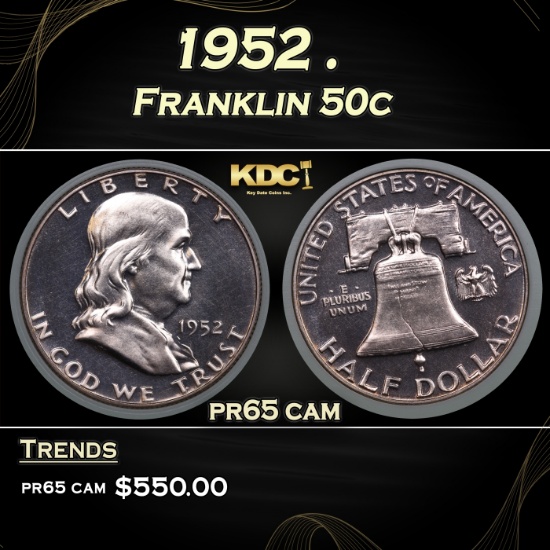 1952 Proof Franklin Half Dollar . 50c pr65 cam NTC