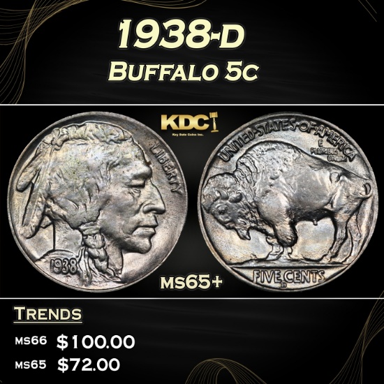 1938-d Buffalo Nickel 5c Grades ms65+