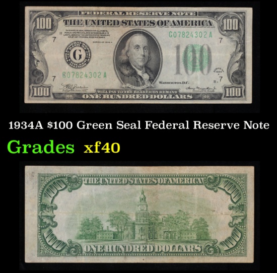1934A $100 Green Seal Federal Reserve Note Grades xf