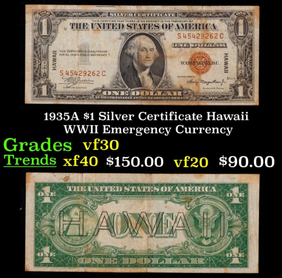 1935A $1 Silver Certificate Hawaii WWII Emergency Currency Grades vf++