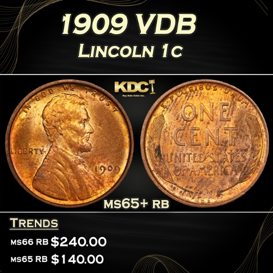 1909 VDB Lincoln Cent 1c Grades ms65+ rb