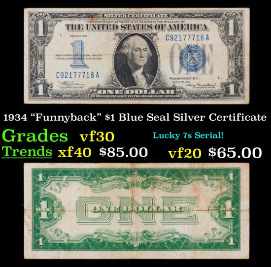 1934 $1 Blue Seal Silver Certificate "Funnyback" Grades vf++