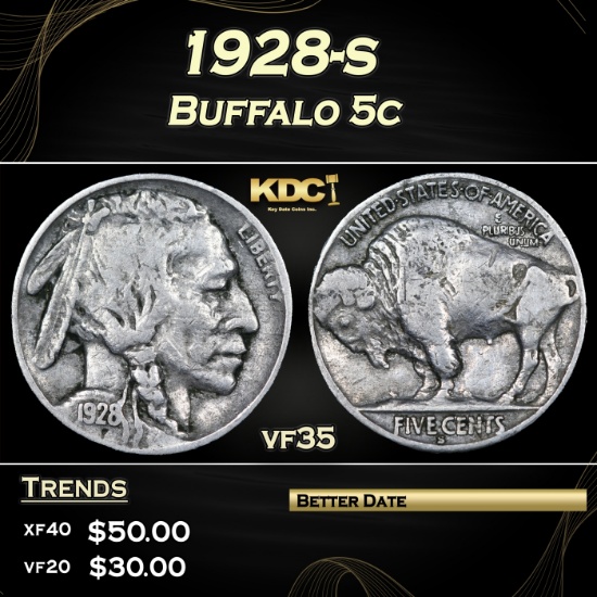 1928-s Buffalo Nickel 5c Grades vf35