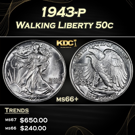 1943-p Walking Liberty Half Dollar 50c ms66+ SEGS