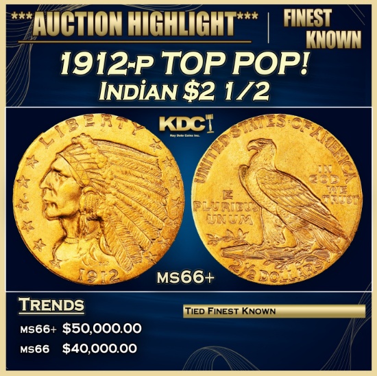 1912-p Gold Indian Quarter Eagle TOP POP! $2 1/2 ms66+ USCG