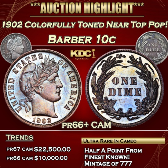 1902 Proof Barber Dime Colorfully Toned Near Top Pop! 10c pr66+ CAM SEGS