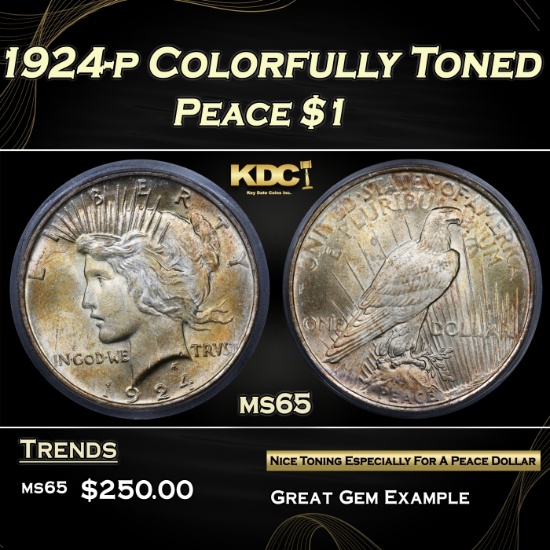1924-p Peace Dollar Colrfully Toned $1 ms65 ICG