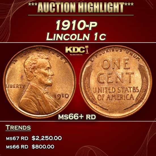 1910-p Lincoln Cent 1c ms66+ rd SEGS