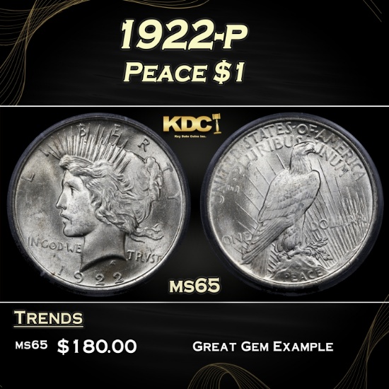 1922-p Peace Dollar $1 ms65 ICG