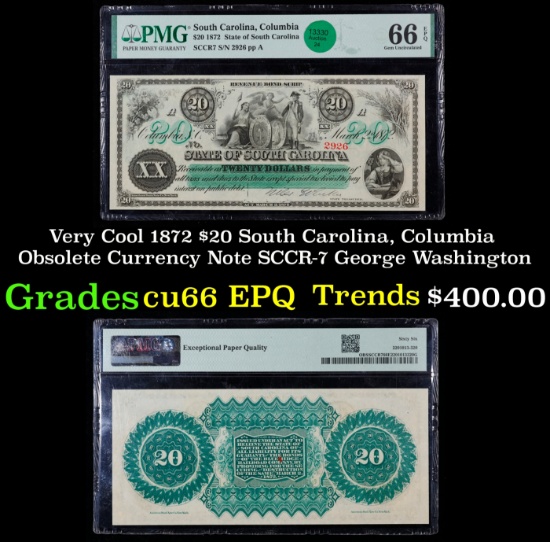 Very Cool 1872 $20 South Carolina, Columbia Obsolete Currency Note SCCR-7 George Washington cu66 EPQ