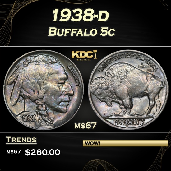1938-d Buffalo Nickel 5c ms67 SEGS