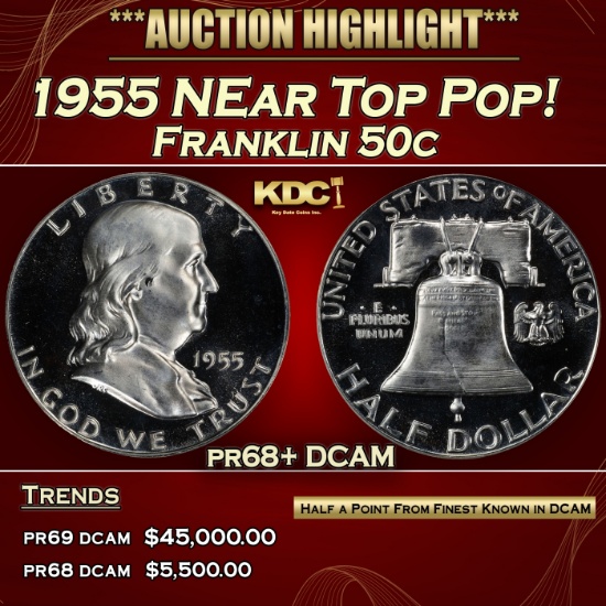 1955 Proof Franklin Half Dollar NEar Top Pop! 50c pr68+ DCAM SEGS