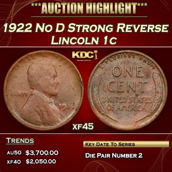 1922 No D Lincoln Cent Strong Reverse 1c xf45 SEGS