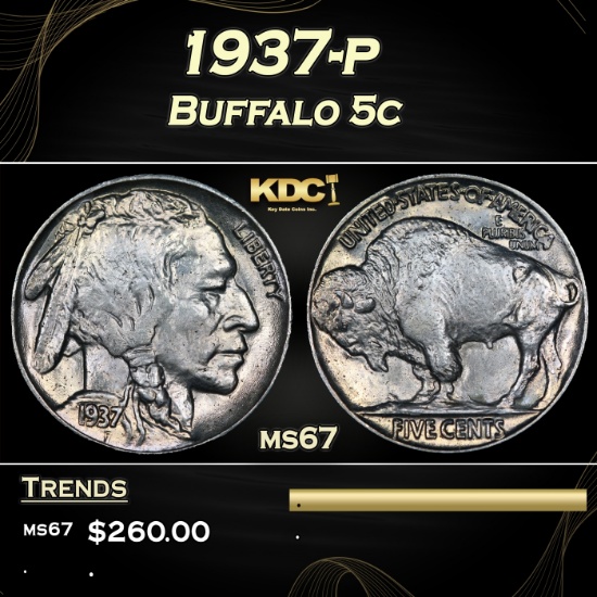 1937-p Buffalo Nickel 5c ms67 SEGS