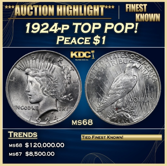 1924-p Peace Dollar TOP POP! 1 ms68 SEGS