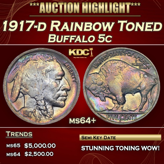 1917-d Buffalo Nickel Rainbow Toned 5c ms64+ USCG