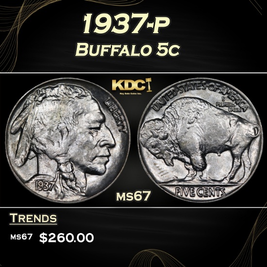 1937-p Buffalo Nickel 5c ms67 SEGS