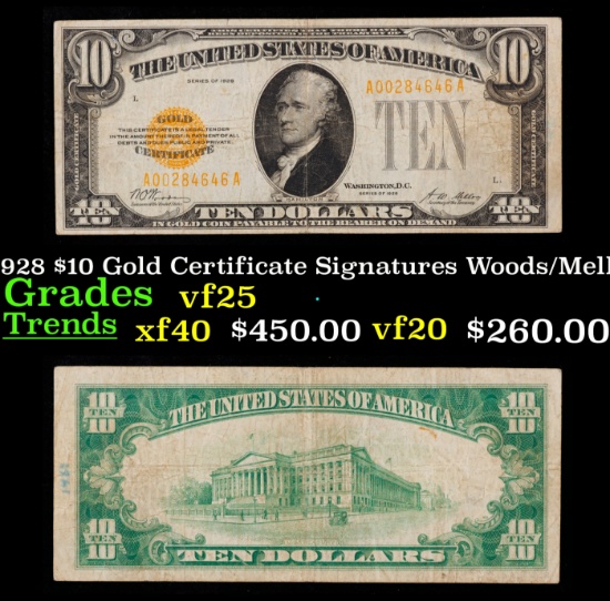 1928 $10 Gold Certificate Signatures Woods/Mellon Grades vf+