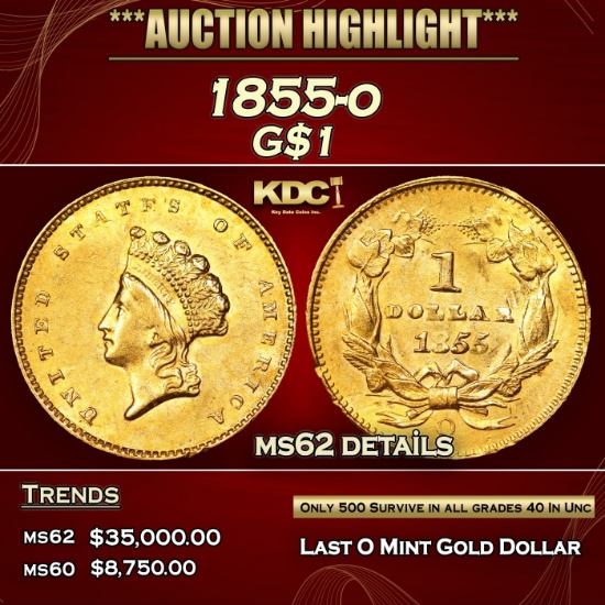 1855-o Gold Dollar 1 ms62 details SEGS