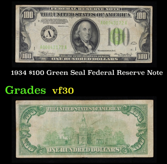 1934 $100 Green Seal Federal Reserve Note Grades vf++