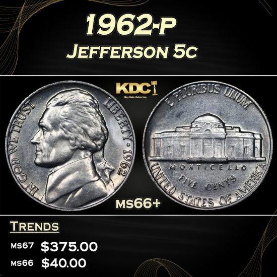 1962-p Jefferson Nickel 5c ms66+ SEGS