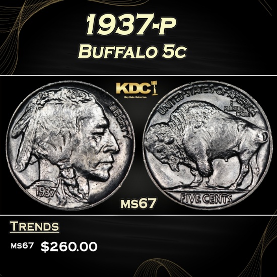 1937-p Buffalo Nickel 5c ms67 SEGS