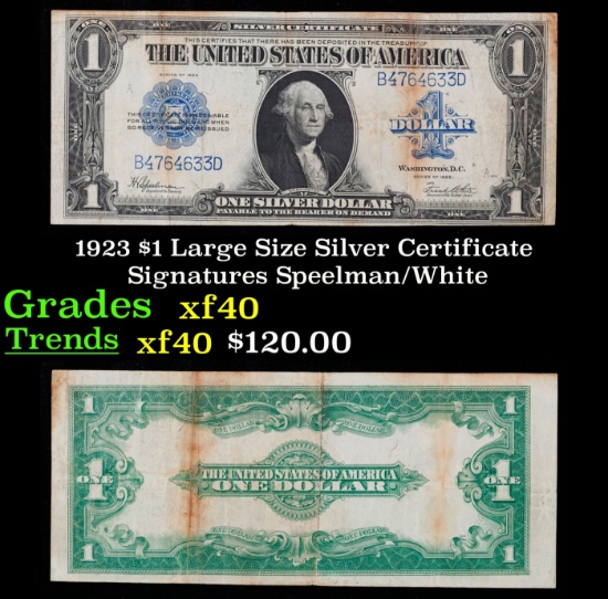 1923 $1 large size Silver Certificate Grades xf Signatures Speelman/White