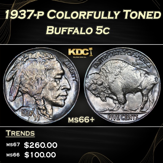 1937-p Buffalo Nickel Colorfully Toned 5c ms66+ SEGS