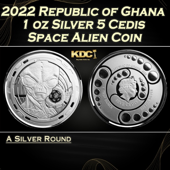 2022 Republic of Ghana 1 oz Silver 5 Cedis Space Alien Coin Round