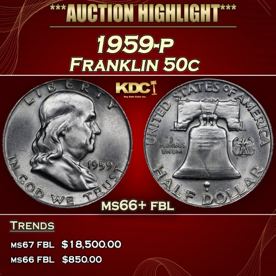 1959-p Franklin Half Dollar 50c ms66+ fbl SEGS