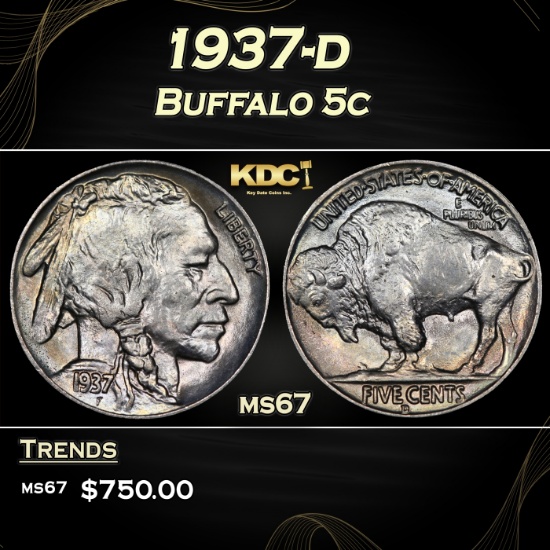 1937-d Buffalo Nickel 5c ms67 SEGS