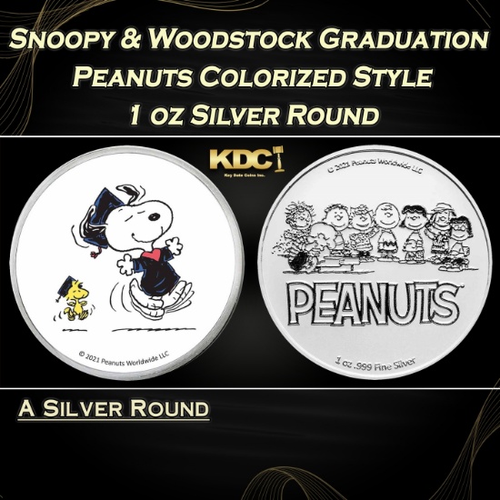 Snoopy & Woodstock Graduation Peanuts Colorized Style - 1 oz Silver Round Round