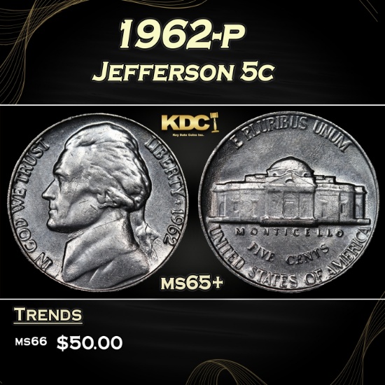 1962-p Jefferson Nickel 5c Grades ms65+