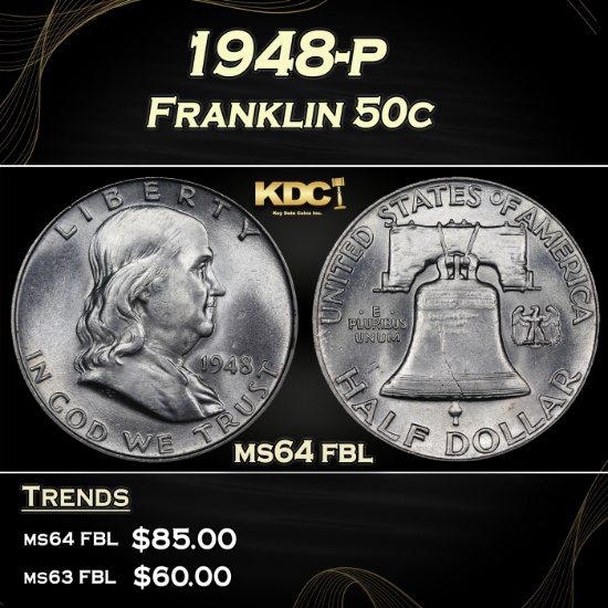 1948-p Franklin Half Dollar 50c Grades ms64 fbl