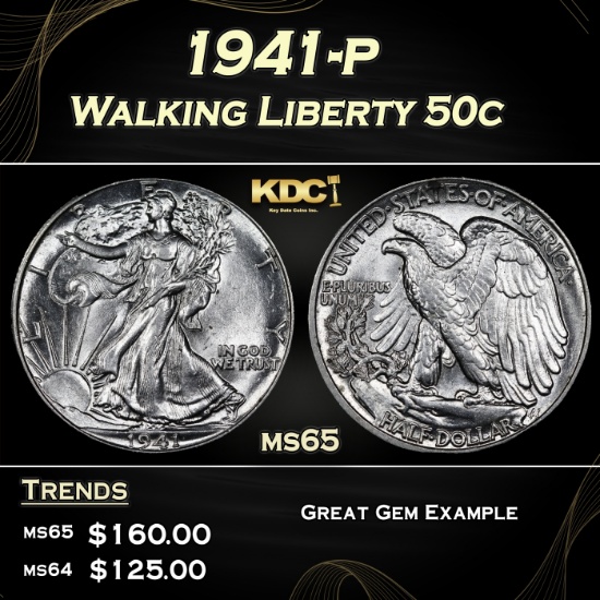 1941-p Walking Liberty Half Dollar 50c Grades ms65