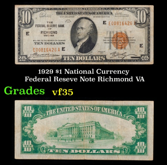 1929 $10 Green Seal Federal Reseve Note Grades vf++ Richmond